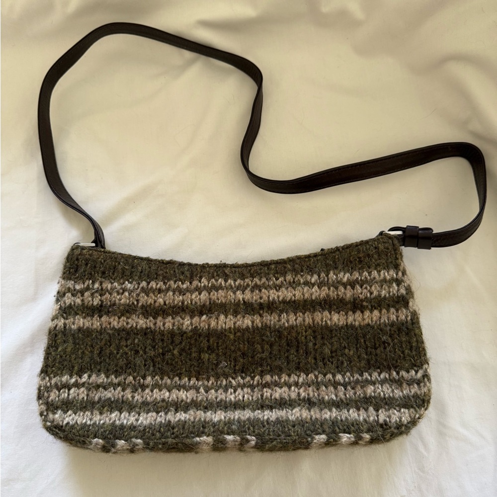 Kenneth Cole Reaction Green, Brown, and Cream Knit Wool-Like Shoulder Bag